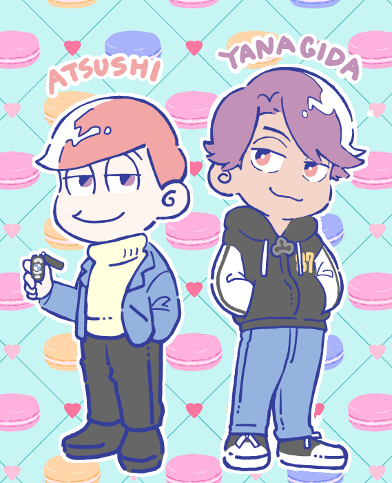 :3 atsushi_(osomatsu-san) car_keys chibi drawstring food_print jacket jitome letterman_jacket male_focus mikado_(jokeraj) multiple_boys osomatsu-san osomatsu-san_the_movie parody print_background retro_pop_(osomatsu-san) smile style_parody turtleneck yanagita_(osomatsu-san)