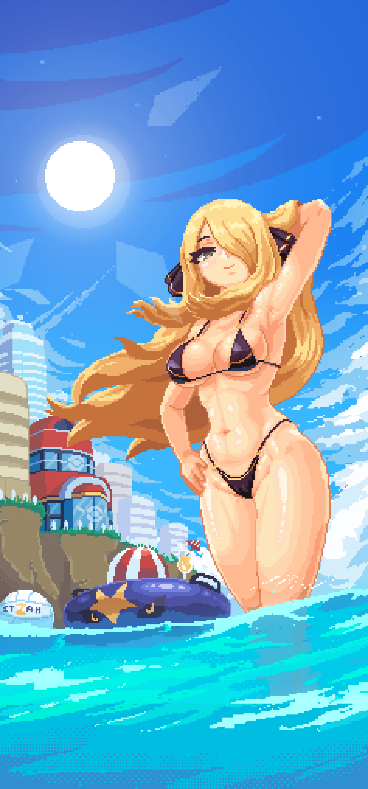 1girl absurdres arm_behind_head arm_up armpits artist_name ball bare_shoulders beachball bikini black_bikini blinking blonde_hair blue_sky breasts building cleavage cliff closed_mouth cloud cloudy_sky cocktail cocktail_umbrella cup cynthia_(pokemon) day drinking_glass eyelashes fence floating_hair garchomp grass grey_eyes hair_ornament hair_over_one_eye hand_on_own_hip highres in_water innertube itzah long_hair looking_at_viewer medium_breasts micro_bikini navel o-ring o-ring_bikini o-ring_bottom one_eye_covered outdoors parted_bangs partially_submerged partially_underwater_shot pixel_art pokemon pokemon_(game) pokemon_bw pokemon_center sidelocks sky smile solo standing stomach sun swept_bangs swimsuit very_long_hair volleyball volleyball_(object) wading water wind