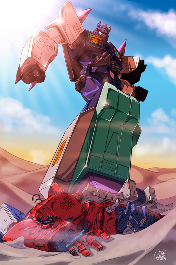 artist_name autobot battle_damage blue_eyes cable cloud decepticon desert ginrai_(transformers) guido_guidi looking_down mecha no_humans overlord_(transformers) robot science_fiction sky stepped_on sunlight transformers transformers_super-god_masterforce