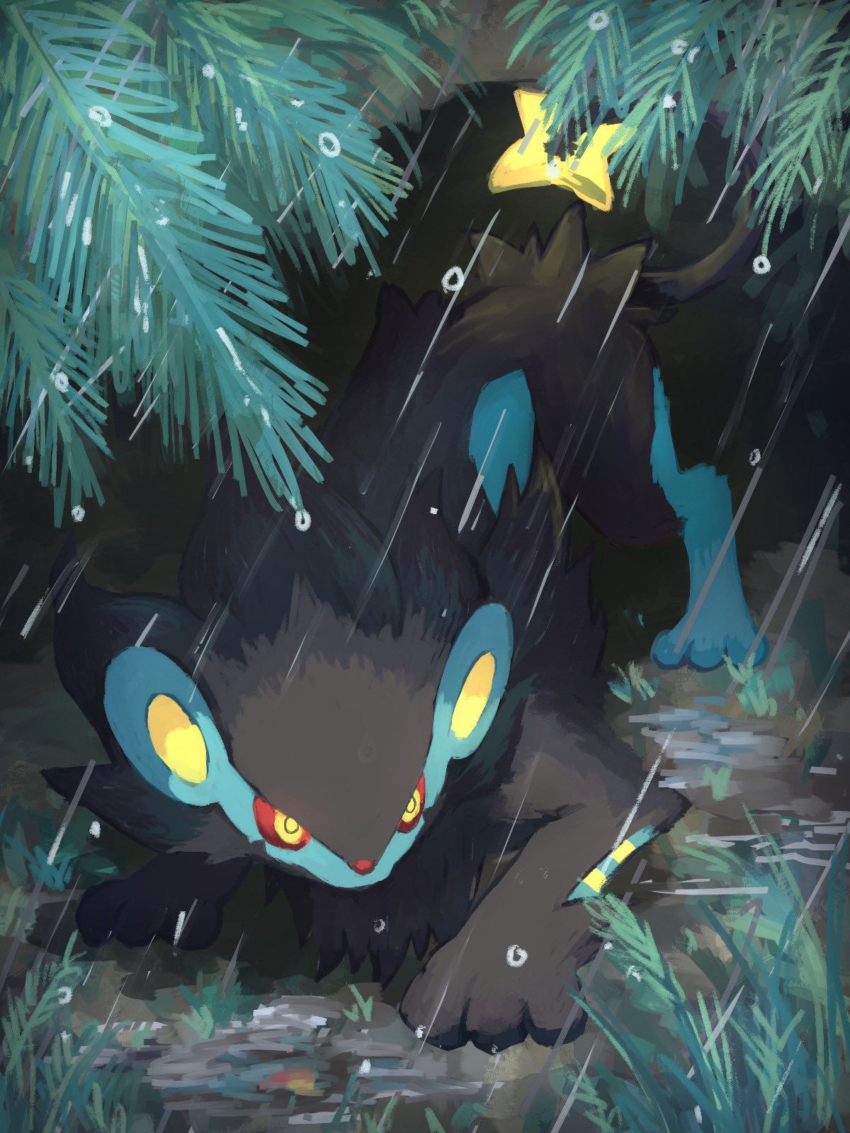 7_phi_3 animal_focus black_fur colored_sclera grass highres leaf luxray no_humans on_ground pokemon pokemon_(creature) rain red_sclera sitting solo tail water_drop yellow_eyes