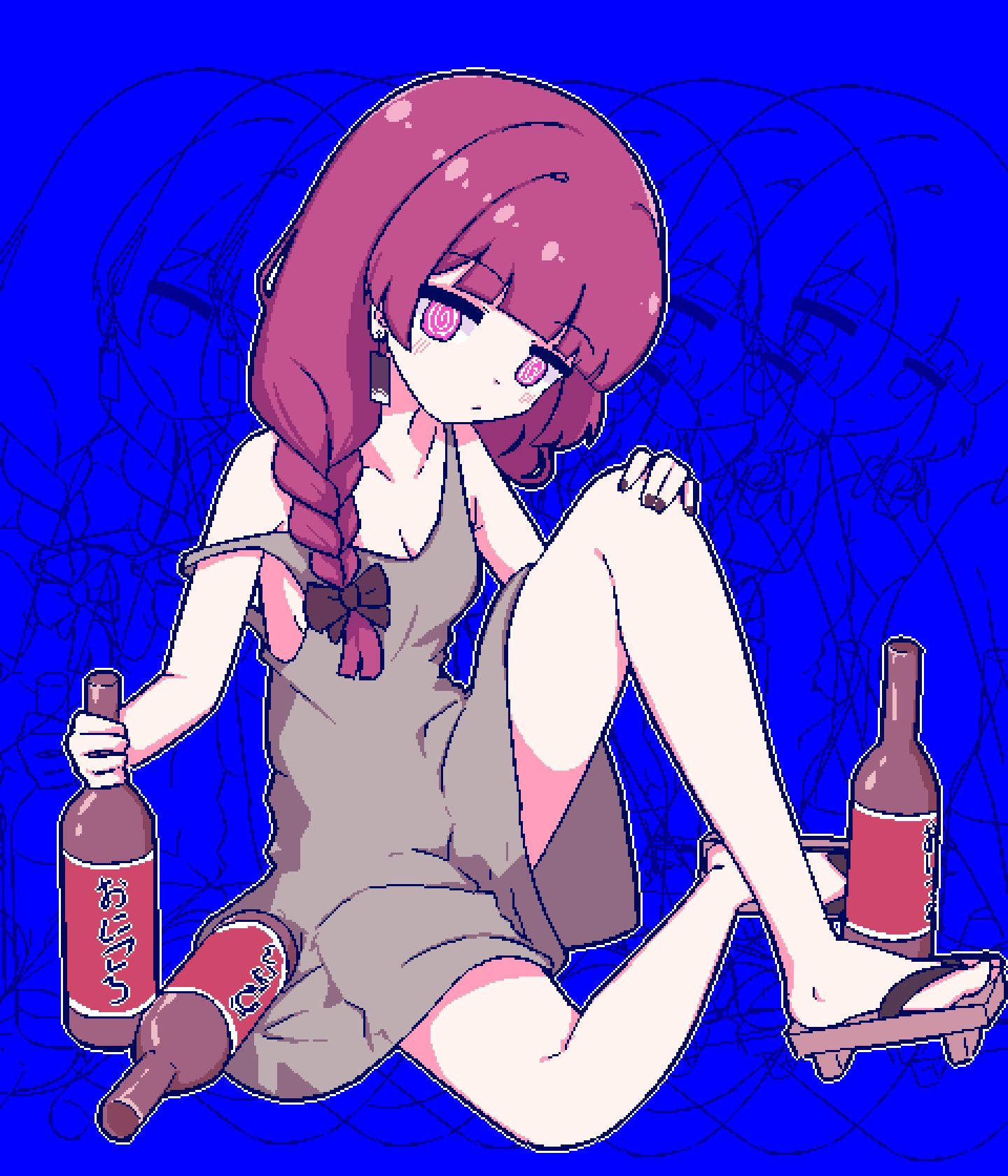 1girl @_@ alcohol bare_legs black_bow black_nails blue_background blunt_bangs bocchi_the_rock! bottle bow braid breasts chibikki cleavage closed_mouth dot_mouth dress drink drunk full_body geta grey_dress hair_bow hair_over_shoulder hand_on_own_knee highres hiroi_kikuri holding holding_bottle holding_drink knee_up long_hair multiple_views nail_polish off_shoulder outline pink_eyes pixel_art purple_hair single_braid sitting sleeveless sleeveless_dress small_breasts white_outline