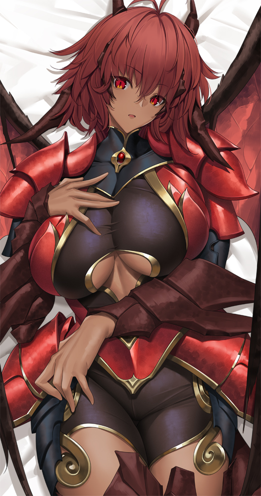 1girl abs armor bodystocking breasts dakimakura_(medium) dark-skinned_female dark_skin demon_girl demon_horns demon_wings horns large_breasts lying navel on_back open_mouth original red_eyes red_hair shoulder_armor tony_guisado underboob wings