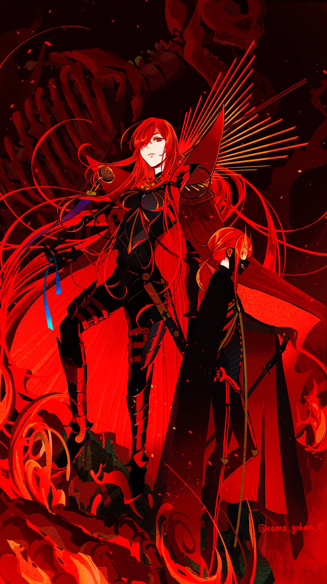 1boy 1girl armored_boots black_bodysuit bodysuit boots brother_and_sister cape chain collared_cape fate/grand_order fate_(series) hair_over_one_eye hi_(wshw5728) highres katana medallion oda_nobukatsu_(fate) oda_nobunaga_(fate) oda_nobunaga_(maou_avenger)_(fate) popped_collar red_cape red_eyes red_hair siblings sword tight_top weapon