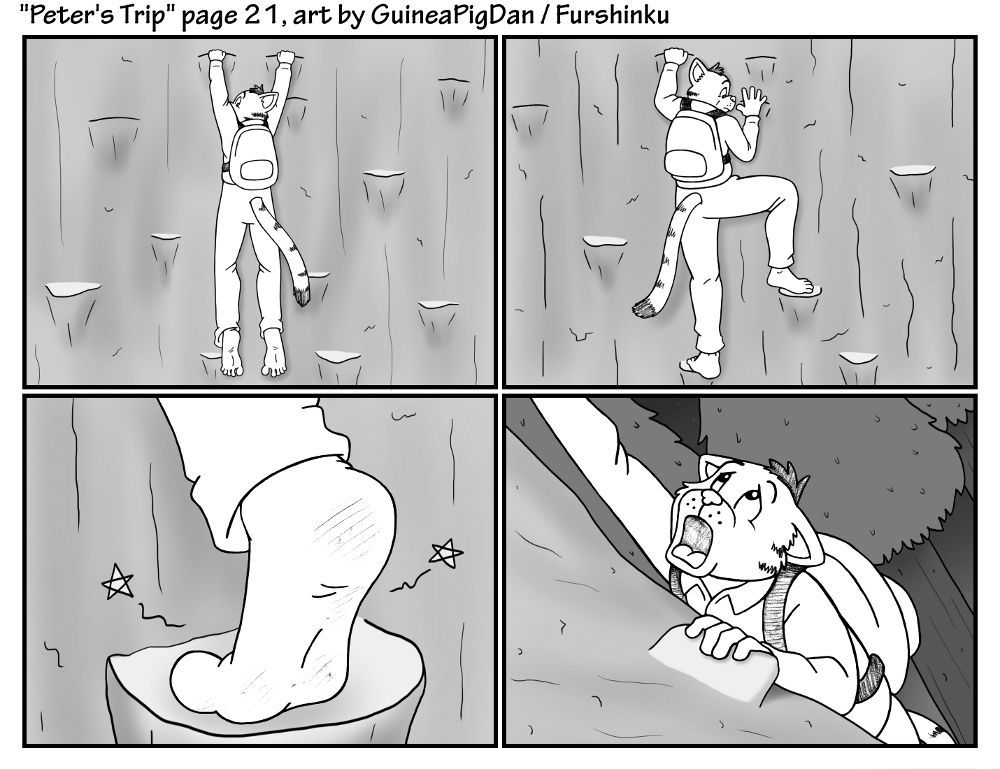 2019 5_fingers 5_toes anthro backpack barefoot black_and_white bottomwear butt climbing climbing_down clothing comic coniferous_forest coniferous_tree dirty dirty_feet domestic_cat english_text feet felid feline felis fingers foot_focus footwear forest forest_background four_frame_image frown frown_eyebrows fur furshinku humanoid_feet humanoid_hands long_tail looking_back looking_up male mammal monochrome mountain mountainside nature nature_background open_mouth pain pants peter_(furshinku) plant plantigrade prick_ears rear_view rock shirt snout soles solo speech_bubble striped_body striped_fur stripes struggling tail text toes topwear tree