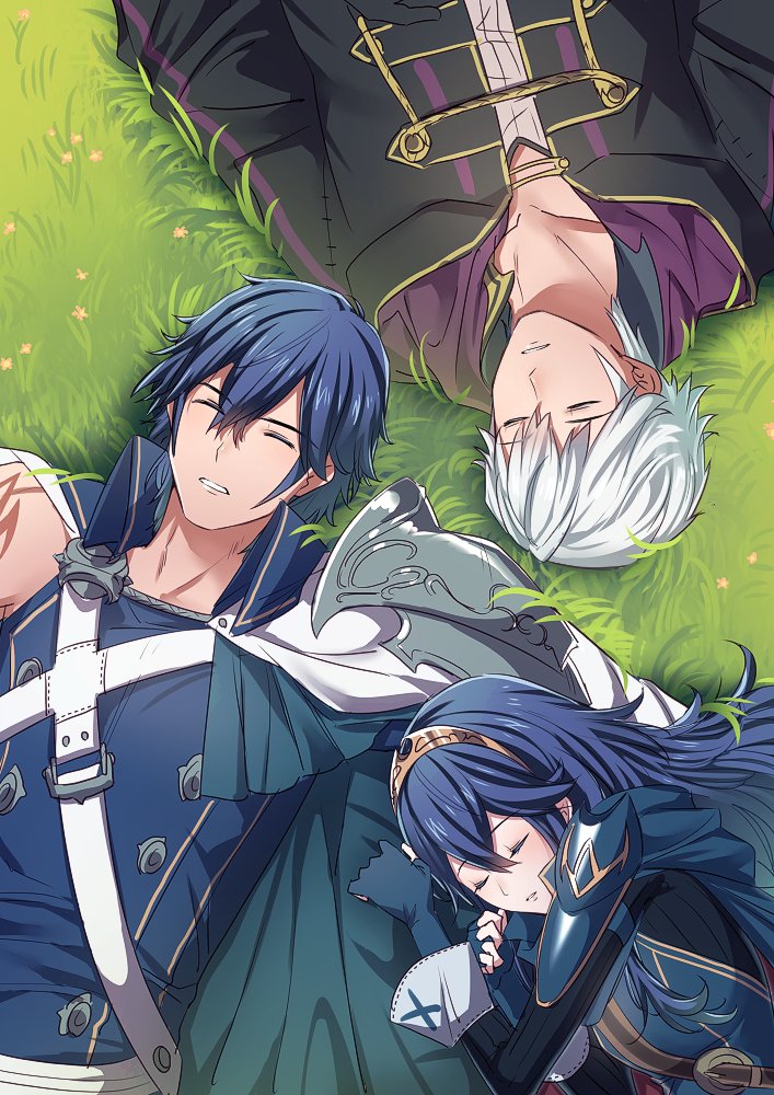 1girl 2boys ameno_(a_meno0) arm_tattoo armor black_robe black_sweater blue_cape blue_gloves blue_hair cape chrom_(fire_emblem) closed_eyes father_and_daughter fingerless_gloves fire_emblem fire_emblem_awakening gloves grass grey_shirt hair_between_eyes hood hood_down hooded_robe long_hair long_sleeves lucina_(fire_emblem) lying multiple_boys muscular muscular_male open_clothes open_robe pauldrons ribbed_shirt ribbed_sweater robe robin_(fire_emblem) robin_(male)_(fire_emblem) shirt short_hair shoulder_armor single_pauldron single_sleeve sleeping sweater tattoo tiara white_hair