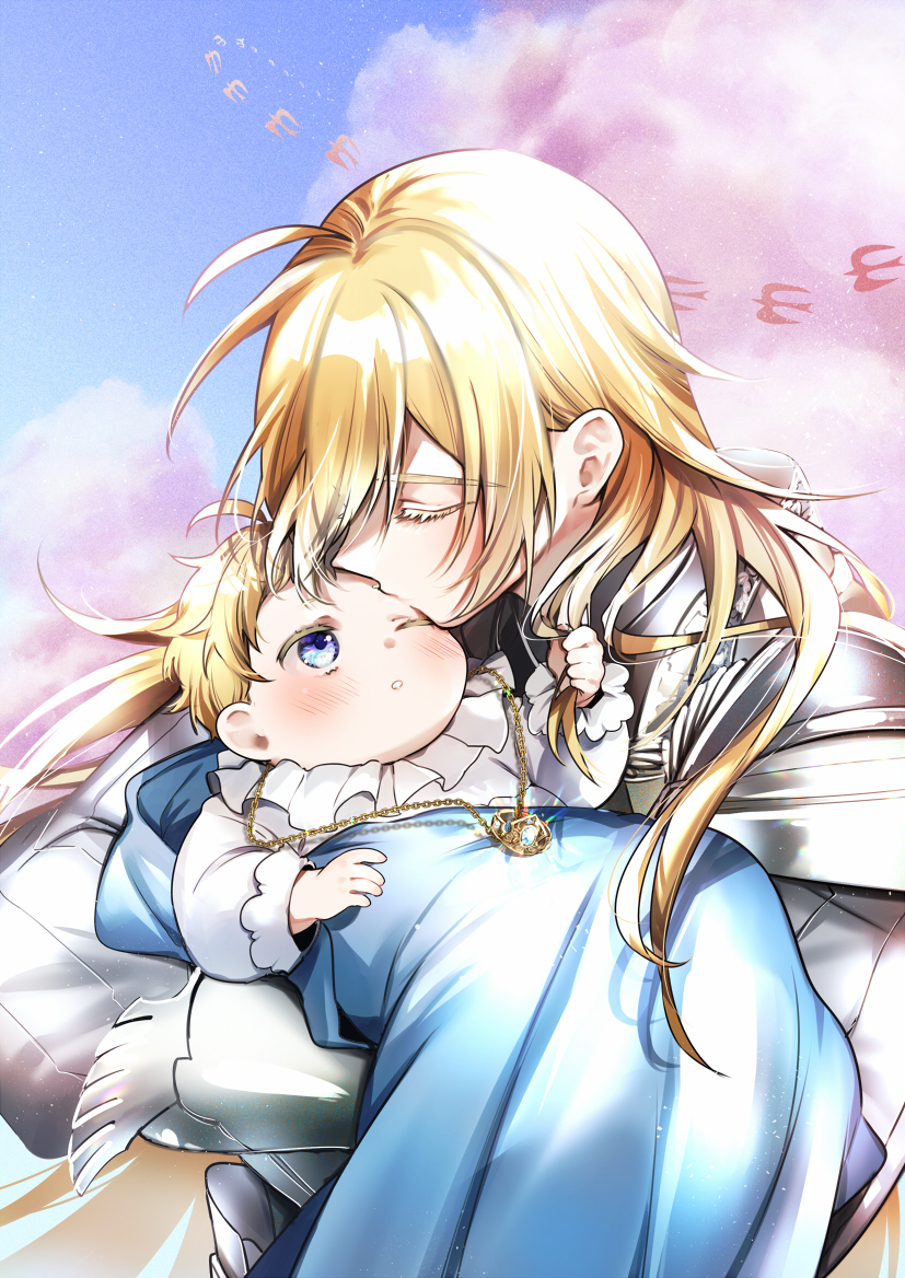 2boys :o armor baby blanket blonde_hair blue_eyes blue_sky blush closed_eyes colored_eyelashes family gauntlets grey_shirt hair_between_eyes holding_another's_hair holding_baby jewelry kiss kissing_forehead knight_of_the_dawn_(twisted_wonderland) long_hair long_sleeves looking_at_another male_focus multiple_boys necklace one_eye_closed parted_lips pink_clouds ring ring_necklace shirt short_hair shoulder_armor silver_(twisted_wonderland) simple_bird sky spoilers tobidayooon twisted_wonderland u_u white_shirt