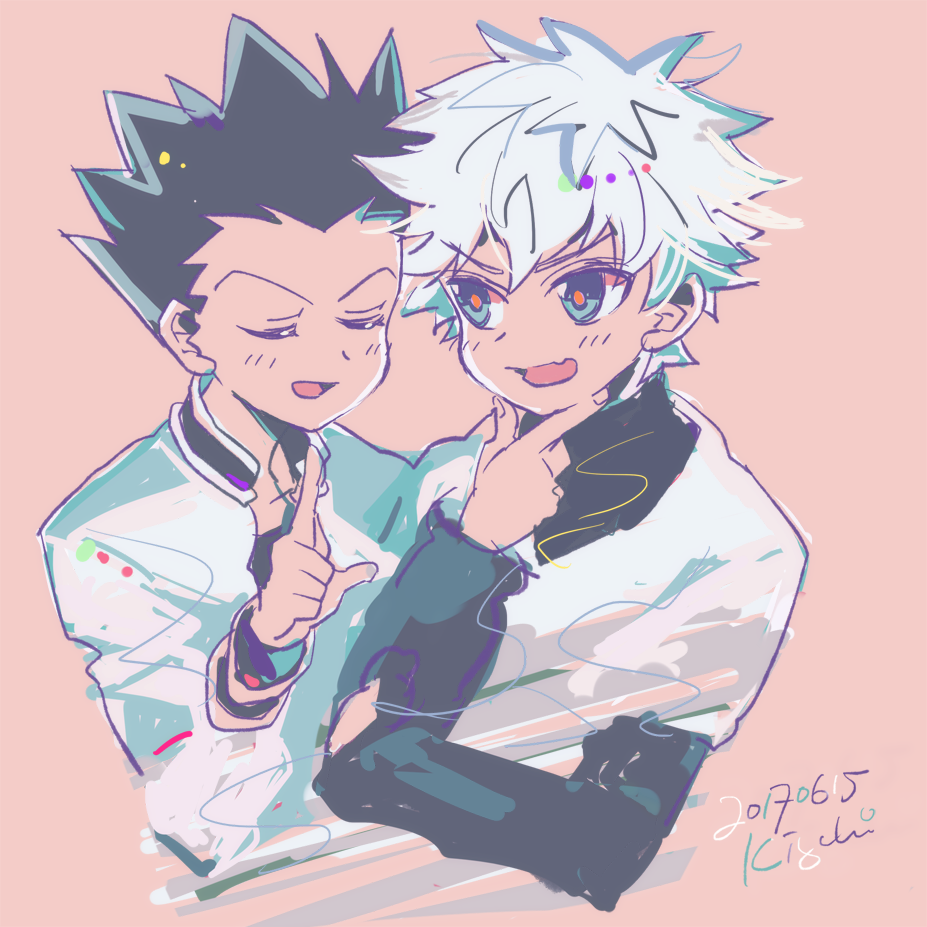 2boys anzu_(pixiv) black_hair child closed_eyes commentary_request gon_freecss hand_on_another's_shoulder hands_on_own_face hunter_x_hunter killua_zoldyck long_sleeves male_child male_focus multiple_boys open_mouth pink_hair short_hair sketch spiked_hair