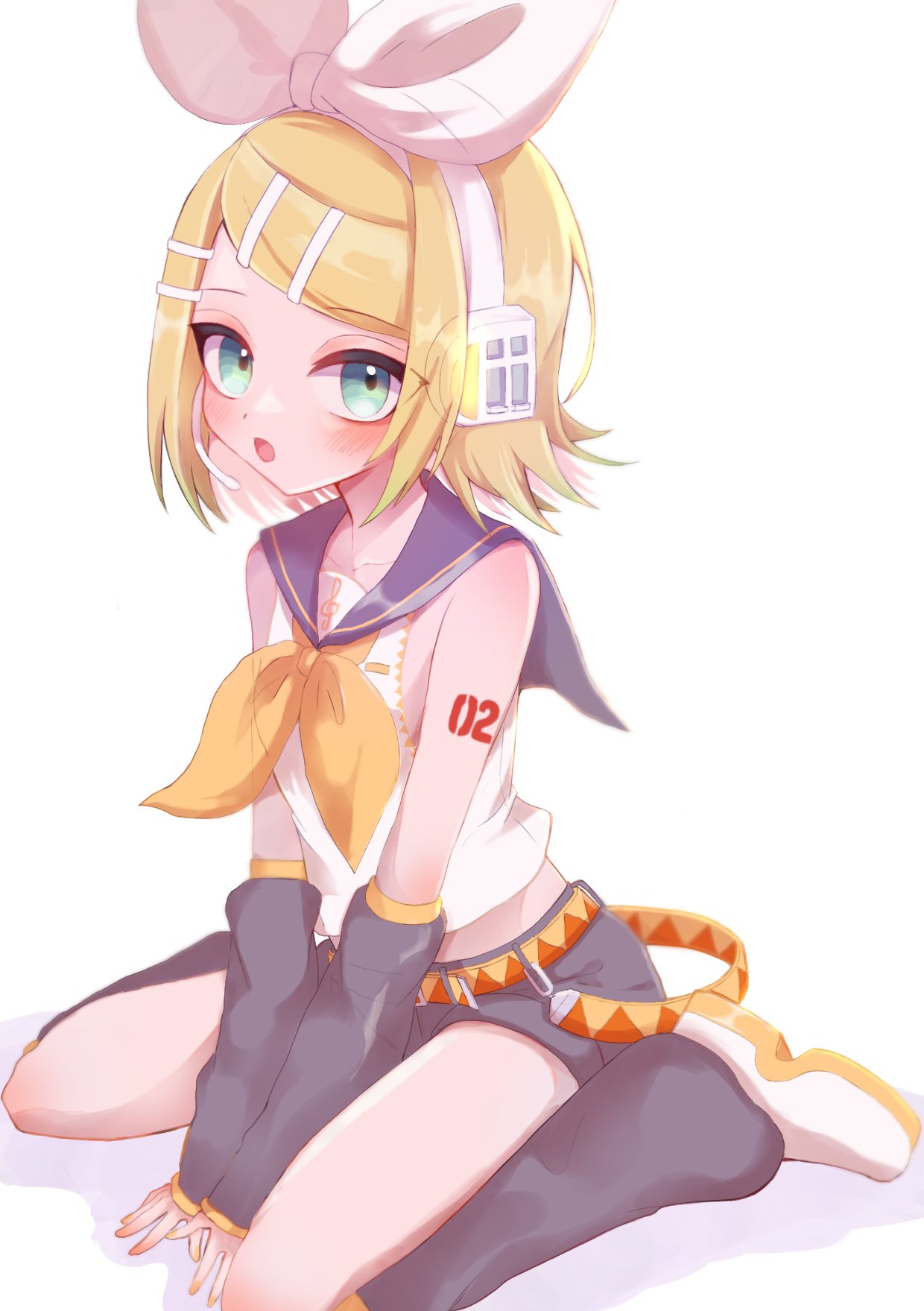 1girl aqua_eyes arms_between_legs bare_shoulders blonde_hair blush bow detached_sleeves grey_leg_warmers grey_sailor_collar grey_sleeves hair_bow hair_ornament hairclip headphones headset highres kagamine_rin leg_warmers looking_at_viewer midriff neckerchief nnc225 number_tattoo open_mouth sailor_collar shirt short_hair shorts shoulder_tattoo sitting skinny sleeveless sleeveless_shirt solo tattoo treble_clef tsurime vocaloid wariza white_background white_bow white_footwear yellow_nails yellow_neckerchief