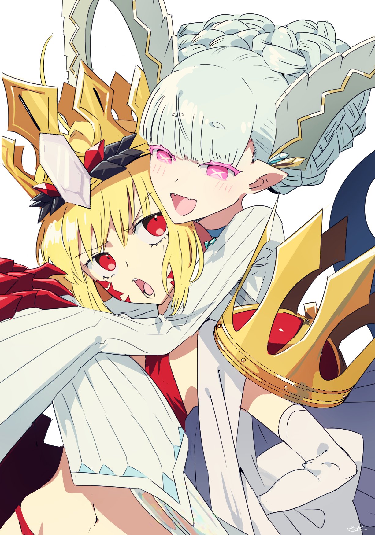 2girls ahoge blonde_hair blue_hair braid crown dress facial_mark fate/grand_order fate_(series) highres horns hug larva_tiamat_(fate) long_sleeves multiple_girls navel nero_claudius_(fate) open_mouth pink_eyes pirohi_(pirohi214) queen_draco_(fate) red_eyes symbol-shaped_pupils tiamat_(fate) upper_body white_background white_dress x-shaped_pupils