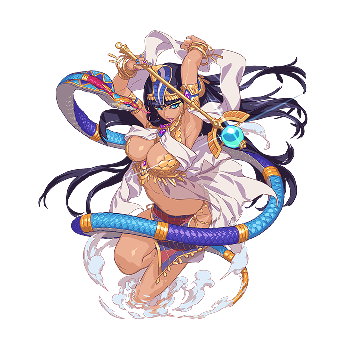 1girl anklet armlet arms_up bare_legs black_hair blue_eyes bracelet breasts cleavage cleopatra_(honkai_impact) cobra_(animal) dark-skinned_female dark_skin egyptian eyeliner headdress holding holding_scepter honkai_(series) honkai_impact_3rd jewelry long_hair makeup official_art revealing_clothes scepter snake third-party_source transparent_background