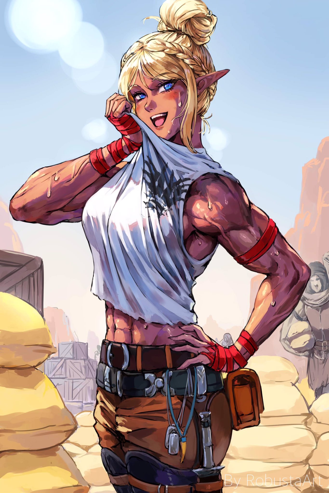 1girl abs belt blonde_hair blue_eyes desert dog_tags elf hand_wraps highres knife mechanic muscular muscular_female original pointy_ears pouch robusta_mania smile solo sweat tank_top topknot veins wiping_face wiping_sweat