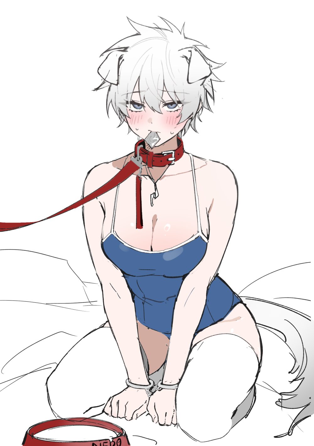 1girl animal_ears bechu belt_collar bowl breasts cleavage closed_mouth collar condom condom_in_mouth cuffs devil_may_cry_(series) dog_ears dog_girl dog_tail grey_eyes handcuffs highres kneeling large_breasts leash leash_pull mouth_hold nero_(devil_may_cry) one-piece_swimsuit pet_bowl sitting solo sweat swimsuit tail thighhighs white_hair white_thighhighs