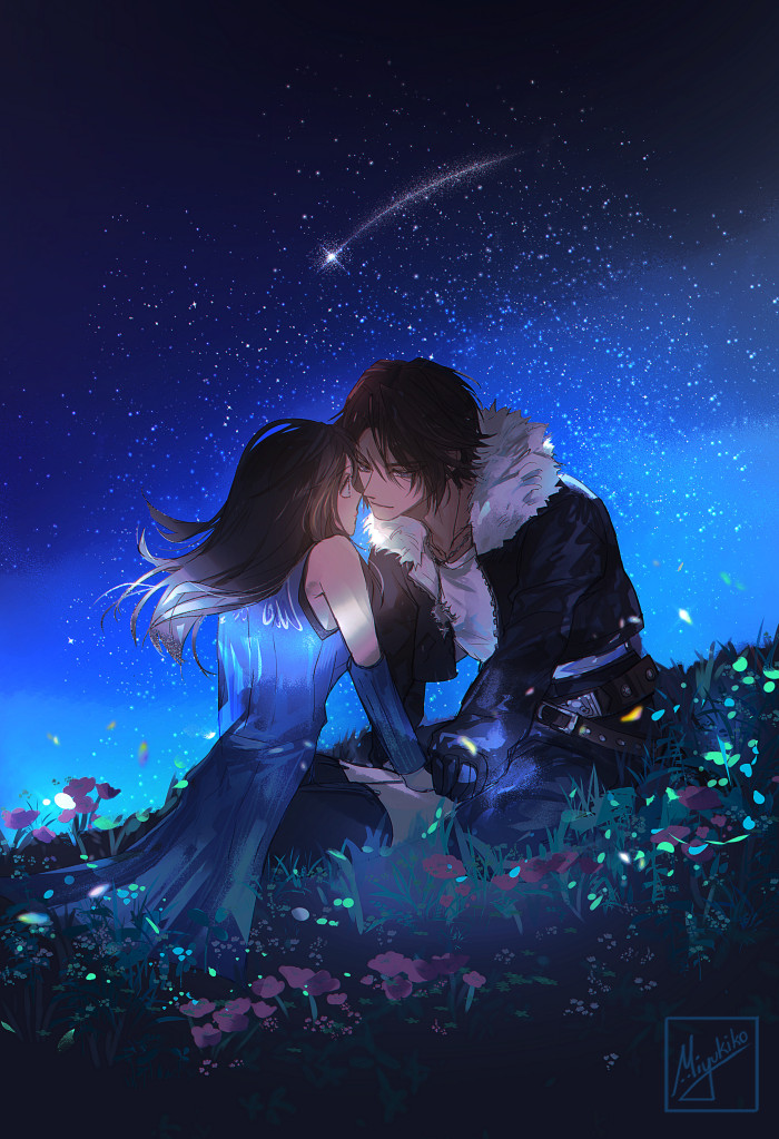 1boy 1girl bare_shoulders black_hair black_jacket brown_hair closed_eyes collarbone commentary couple detached_sleeves english_commentary eye_contact field final_fantasy final_fantasy_viii flower flower_field full_body fur-trimmed_jacket fur_trim jacket jewelry long_hair looking_at_another miyukiko necklace night night_sky outdoors rinoa_heartilly scar scar_on_face scar_on_forehead shirt shooting_star signature sitting sky squall_leonhart star_(sky) starry_sky white_shirt