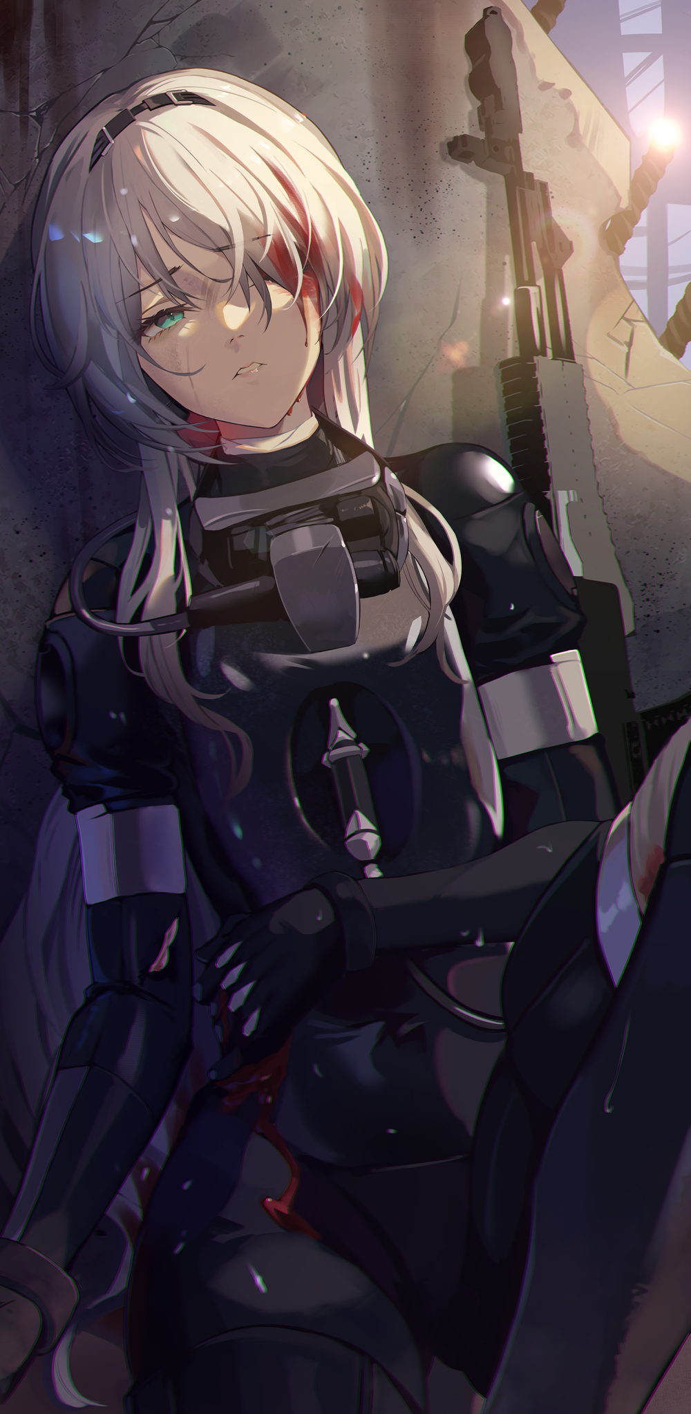 1girl an-94 an-94_(girls'_frontline) assault_rifle black_gloves black_hairband bleeding blood clutching_chest dying girls'_frontline gloves green_eyes gun hairband highres lens_flare niac rifle robot rubble solo torn_clothes weapon white_hair