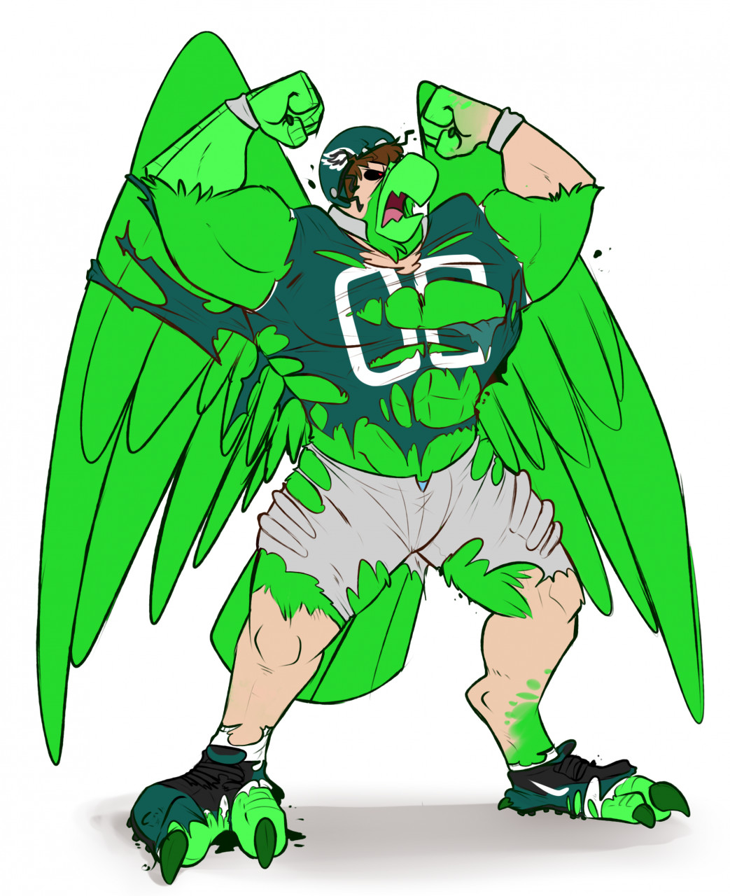 accipitrid accipitriform angry avian bald_eagle binturongboy bird bottomwear cleats clothing danny_phantom eagle football_helmet football_jersey football_player ghostly hi_res nickelodeon pheagle sea_eagle shorts torn_clothing transformation wristband