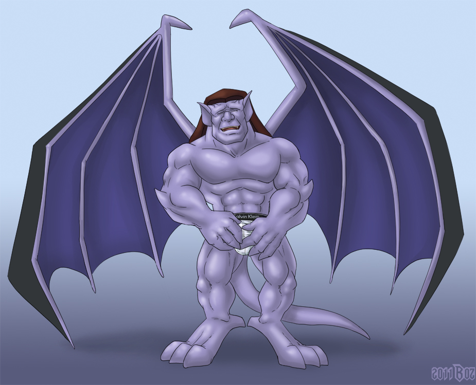 2011 briefs bulge clothed clothing da_boz disney fondling fondling_self gargoyle gargoyles goliath_(gargoyles) hair long_hair looking_pleasured male membrane_(anatomy) membranous_wings pecs solo story story_in_description topless underwear wings