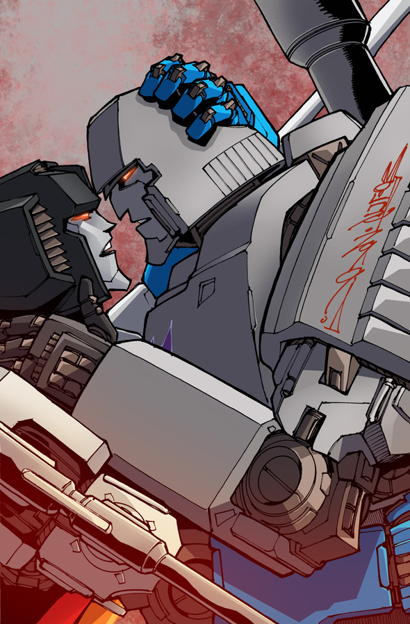 2boys alex_milne arm_cannon artist_name commentary_request couple glowing glowing_eyes hand_on_another's_head imminent_kiss looking_at_another mecha megatron multiple_boys no_humans official_art robot simple_background starscream teeth transformers upper_teeth_only weapon yaoi