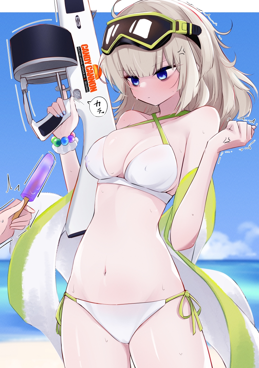 1girl 1other aa-12_(girls'_frontline) aa-12_(the_sun_never_rises)_(girls'_frontline) anger_vein angry beach bikini black_eyeshadow blonde_hair blue_eyes blue_nails bracelet breasts cleavage clenched_hands covered_nipples day diving_mask diving_mask_on_head embarrassed expressionless eyeshadow facing_viewer frown girls'_frontline glaring goggles goggles_on_head groin gun hands_up highres holding holding_gun holding_weapon jewelry long_hair looking_down makeup medium_breasts messy_hair multicolored_hair nail_polish navel ocean ohichi16 outdoors pearl_bracelet red_hair shotgun side-tie_bikini_bottom solo_focus stained_clothes stomach streaked_hair swimsuit thighs towel_on_arm trembling two-tone_hair weapon wet_bikini white_bikini