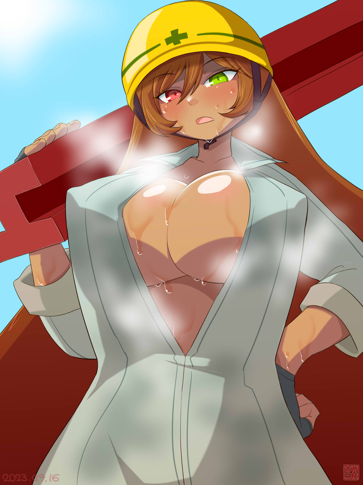 1girl blue_sky blush breasts breath brown_hair carrying_over_shoulder cleavage constriction construction_worker covered_nipples eyelashes fingerless_gloves from_below gloves hand_on_own_hip hard_hat helmet heterochromia highres holding hot i-beam itini-sanshi large_breasts long_hair looking_at_viewer open_mouth rozen_maiden shiny_skin signature sky steam steaming_body steel_beam suiseiseki summer sunlight sweat tan upper_body very_long_hair yellow_headwear