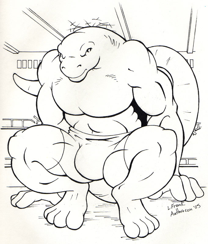 2005 4_fingers 4_toes anthro apatosaurus astor big_abs big_biceps big_bulge big_muscles big_pecs big_quads body_size_growth bulge clothing crouching damaged_ceiling dinosaur diplodocid feet fingers inside l._frank long_tail male monochrome mostly_nude muscular muscular_anthro muscular_male pecs pen_(artwork) reptile sauropod scalie size_transformation solo tail toes traditional_media_(artwork) transformation underwear