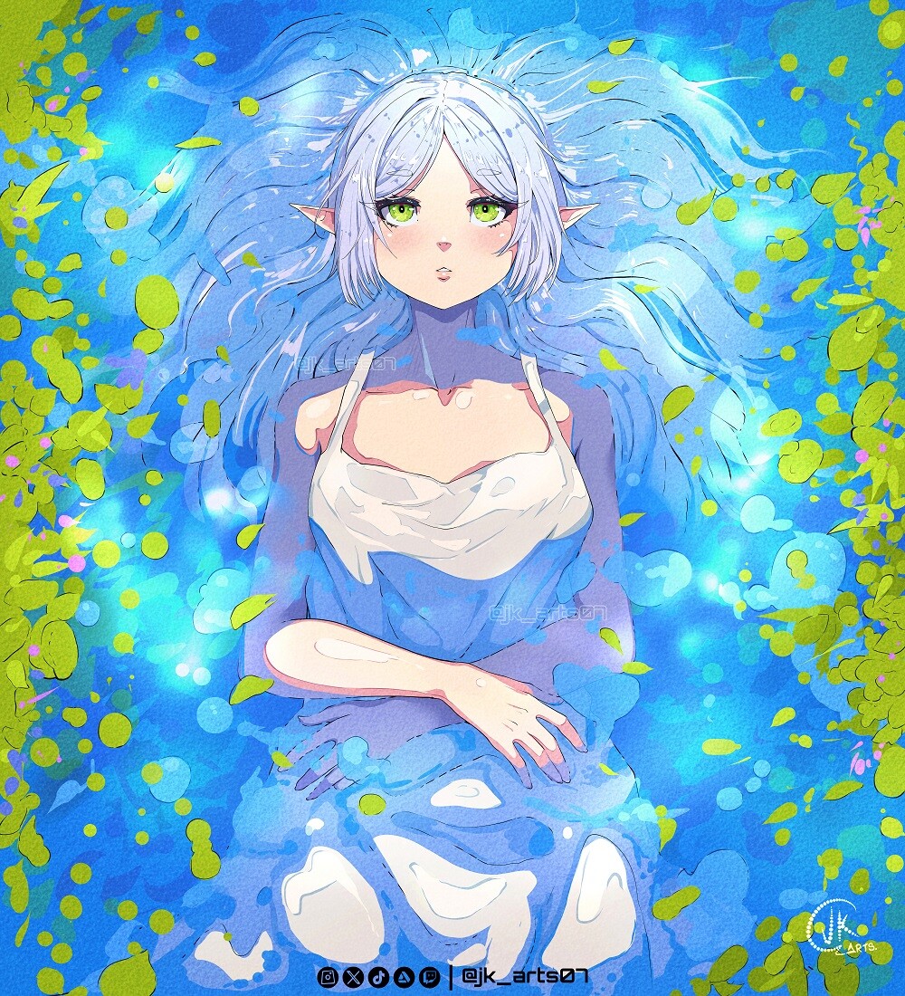 1girl dress frieren green_eyes jk_arts lake lying pointy_ears relaxing sousou_no_frieren water watermark white_dress white_hair