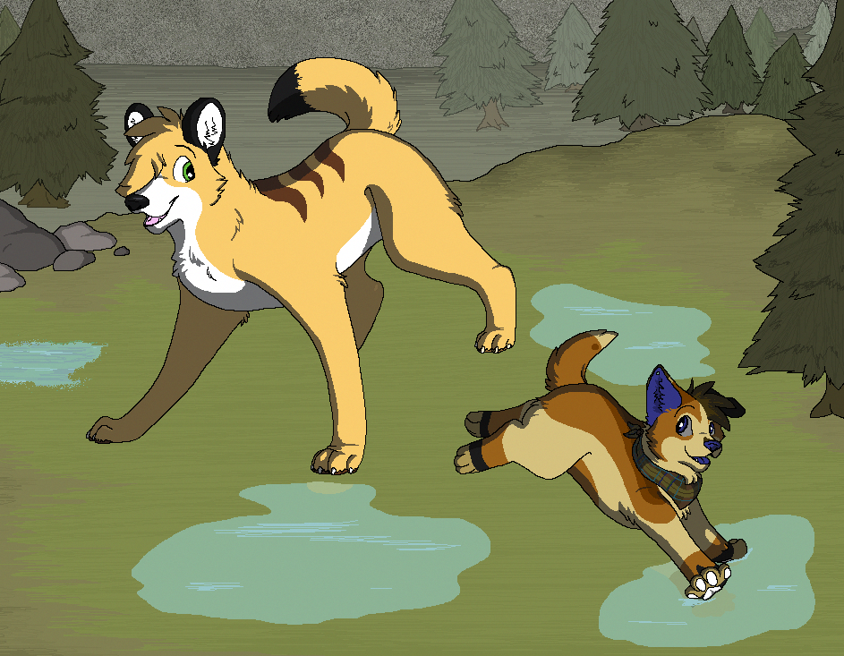 2011 aliasing ambiguous_gender black_body black_fur blue_(bluekyokitty) blue_eyes blue_inner_ear_fluff blue_nose blue_tongue bluekyokitty brown_body brown_fur canid canine canis cel_shading claws detailed_background dhole digital_drawing_(artwork) digital_media_(artwork) digitigrade domestic_dog duo feral fur grass green_eyes grey_sclera hair hair_over_eye head_tuft herding_dog inner_ear_fluff mammal neckerchief one_ear_up one_eye_obstructed open_mouth outside pastoral_dog pattern_kerchief pattern_neckerchief pawpads paws pink_nose pink_tongue plaid_kerchief plaid_neckerchief plant puddle rock sebdoggo shaded size_difference standing tail tan_body tan_fur tongue tree tuft water welsh_corgi white_claws white_inner_ear_fluff white_pawpads yellow_body yellow_fur
