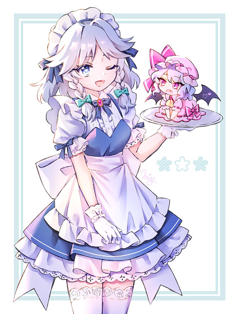 apron bat_wings blue_eyes blue_hair bow braid commentary dress frilled_dress frills gloves grey_hair hair_bow hat izayoi_sakuya maid_apron maid_headdress mini_person miy_001 mob_cap on_plate one_eye_closed open_mouth pink_eyes puffy_short_sleeves puffy_sleeves remilia_scarlet short_sleeves size_difference slit_pupils symbol-only_commentary thighhighs touhou twin_braids white_gloves white_thighhighs wings