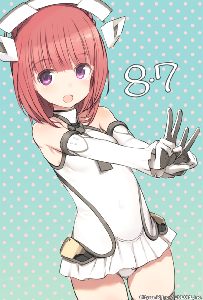 1girl aikawa_aika alice_gear_aegis bare_shoulders birthday blush braid breasts commentary_request cowboy_shot crown_braid dated dotted_background double_v elbow_gloves gloves headgear leotard looking_at_viewer medium_hair official_art open_mouth outstretched_arms purple_eyes red_hair shimada_fumikane small_breasts smile solo v white_leotard