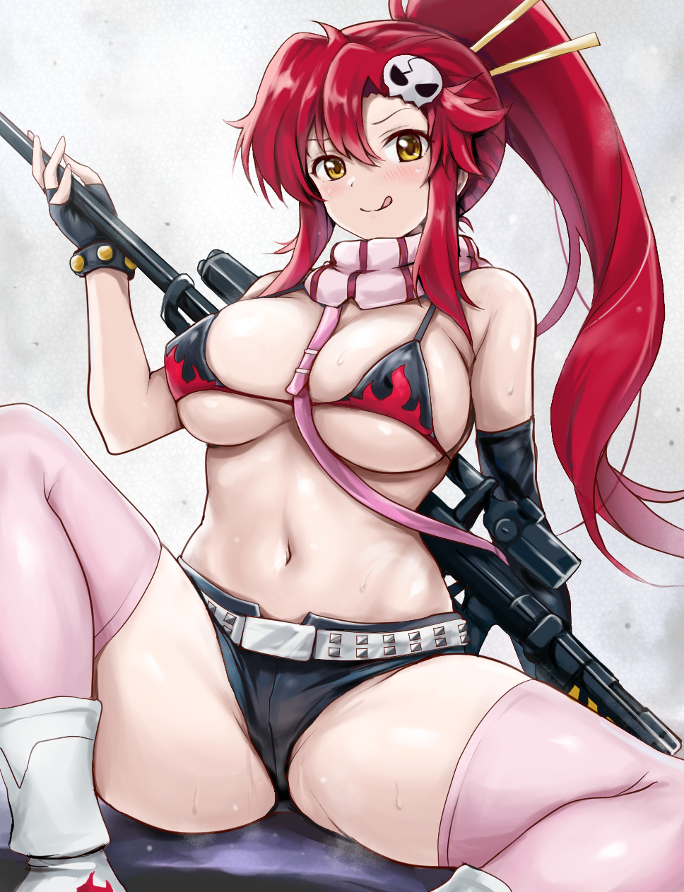 1girl :q anti-materiel_rifle bare_shoulders belt between_breasts bikini bikini_top_only boots breasts cleavage collarbone commentary_request covered_nipples fingerless_gloves flame_print gloves gun hair_between_eyes hair_ornament hair_stick hand_up highres knee_boots large_breasts light_blush long_hair looking_at_viewer navel pink_thighhighs ponytail r-binon red_hair rifle scarf shadow short_shorts shorts sidelocks simple_background sitting skindentation skull_hair_ornament smile sniper_rifle solo spread_legs stomach strap_between_breasts striped striped_scarf studded_belt studded_bracelet sweat swimsuit tengen_toppa_gurren_lagann thighhighs tongue tongue_out underboob weapon white_background white_footwear yellow_eyes yoko_littner