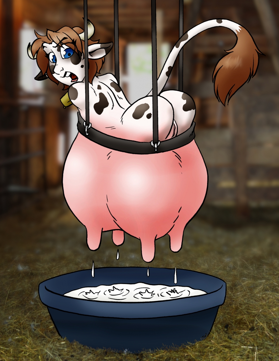 amputee blue_eyes bodily_fluids bovid bovine brown_hair butt cattle cowbell digital_media_(artwork) disability female genitals hair hi_res holstein_friesian_cattle horn hyper_udders lactating mammal milk naga_(artist) photo_background photography_(artwork) pussy quadruple_amputee solo tail