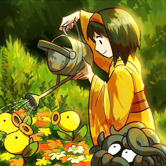 1girl aquanut bellsprout black_eyes black_hair closed_mouth erika_(pokemon) flower hairband holding holding_watering_can japanese_clothes kimono orange_flower outdoors pokemon pokemon_(creature) pokemon_(game) pokemon_hgss red_hairband signature smile solo tangela watering watering_can white_flower yellow_flower yellow_kimono