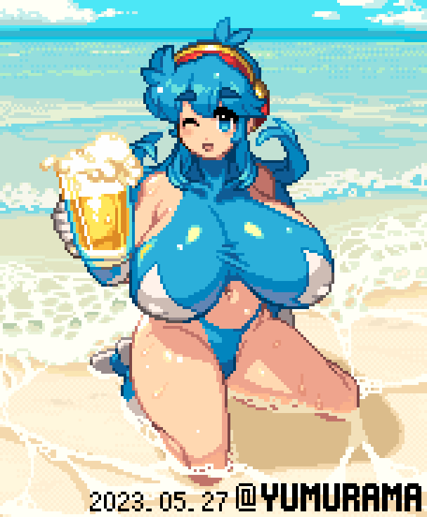 1girl beach beer_mug blue_eyes blue_footwear blue_hair blue_shirt blue_sky blush_stickers boots breasts cloud covered_nipples cup dated g-string gloves hairband highleg highleg_panties holding holding_cup huge_breasts impossible_clothes impossible_shirt in_water kneeling long_hair mug navel ocean one_eye_closed open_mouth original panties pixel_art sand shirt sidelocks sky sleeveless sleeveless_turtleneck solo tecna thick_eyebrows thick_thighs thighs thong turtleneck twitter_username underwear warrior waves wet yumura_kino