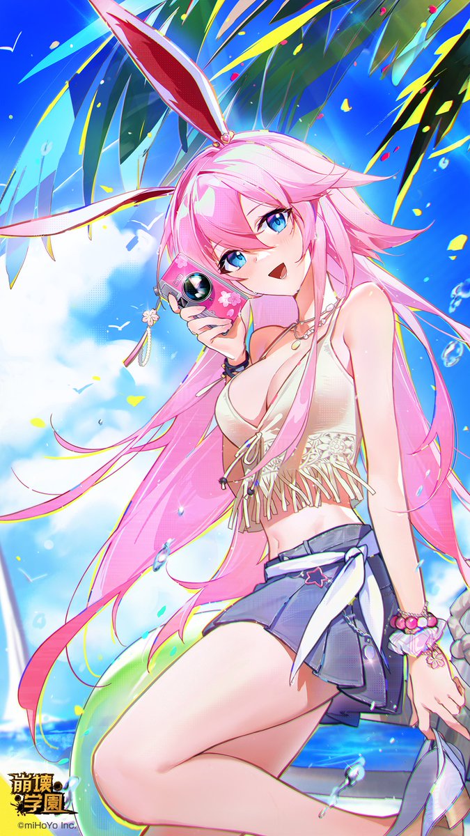 1girl :d animal_ears bare_shoulders beach benghuai_xueyuan blue_eyes blue_skirt blue_sky bracelet breasts camera cleavage cloud cloudy_sky copyright_name fox_ears highres holding holding_camera holding_sandals honkai_(series) jewelry long_hair looking_at_viewer midriff official_art open_mouth outdoors pink_hair pleated_skirt sandals shirt skirt sky smile solo summer white_shirt yae_sakura
