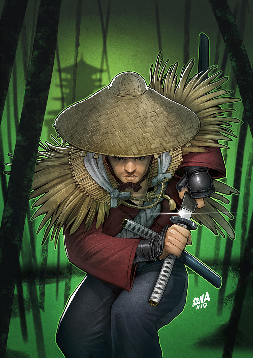 1boy 2019 architecture armor bamboo beard cover dated david_nakayama east_asian_architecture english_commentary facial_hair game_console ghost_of_tsushima hat highres japanese_armor japanese_clothes katana magazine_cover official_style playstation_4 production_art promotional_art sakai_jin samurai signature sword tree video_game weapon western_comics_(style)
