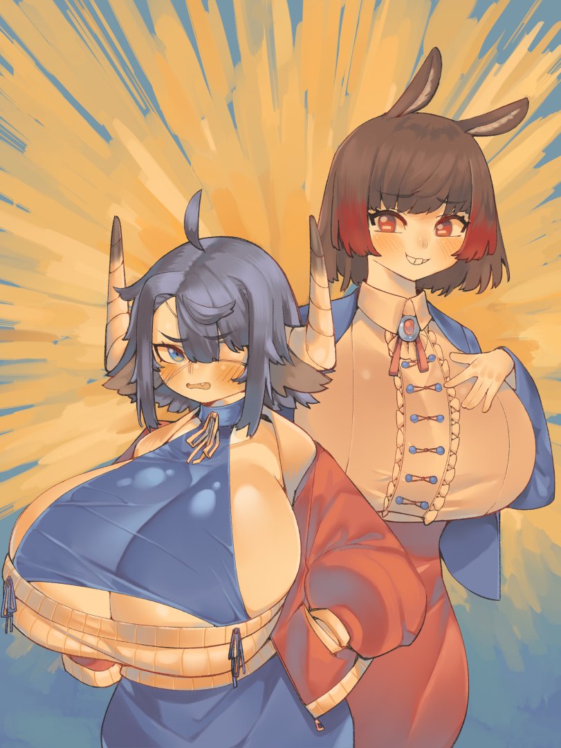 ahoge animal_humanoid big_breasts blue_eyes blue_hair blush breasts brown_hair cleavage clothed clothing demon demon_humanoid duo equid equid_humanoid equine equine_humanoid eye_patch eyewear female hair horn horned_humanoid horse_humanoid huge_breasts humanoid hyper hyper_breasts karin_(oni_unicorn) lilith_(pincerpencil) mammal mammal_humanoid one_eye_obstructed open_mouth pincerpencil red_eyes side_boob smile teeth