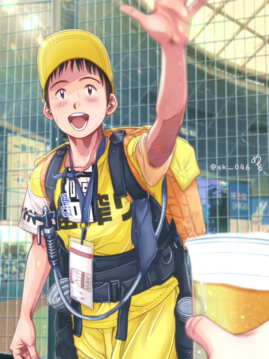 1boy :d alcohol arm_up artist_name backpack bag baseball beer black_eyes black_hair cup disposable_cup highres last_inning meguru_(sk_046) nippon_professional_baseball pants saitama_seibu_lions shirt smile solo_focus sota_yashio stadium sweat yellow_headwear yellow_pants yellow_shirt