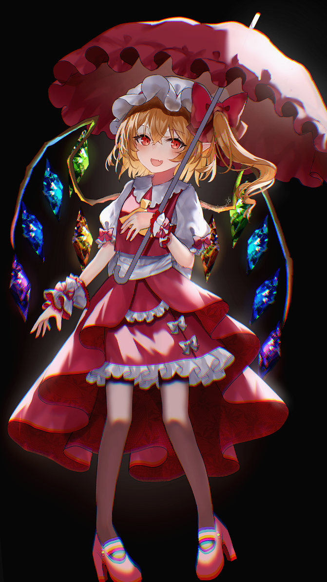 1girl ascot black_background blonde_hair blush collared_shirt crystal fang flandre_scarlet hair_between_eyes hat high_heels long_hair mob_cap one_side_up open_mouth red_eyes red_footwear red_skirt red_vest sakizaki_saki-p shirt short_sleeves simple_background skin_fang skirt smile solo touhou umbrella vest white_headwear white_shirt wings wrist_cuffs yellow_ascot