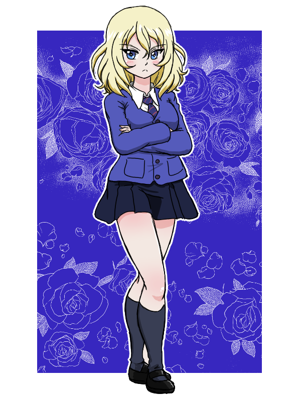 1girl bc_freedom_school_uniform black_dress black_footwear black_socks blonde_hair blue_background blue_cardigan blue_eyes blue_necktie cardigan closed_mouth crossed_arms dress dress_shirt floral_background frown full_body girls_und_panzer loafers long_sleeves looking_at_viewer mary_janes medium_hair messy_hair necktie oshida_(girls_und_panzer) outline pinafore_dress school_uniform shirt shoes short_dress sleeveless sleeveless_dress socks solo standing takahashi_kurage textless_version white_outline white_shirt wing_collar