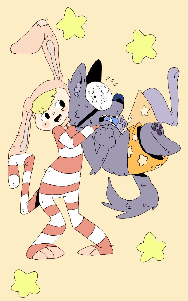 10:16 ambiguous_gender anthro biped black_clothing blonde_hair blue_tongue bodily_fluids canid canine canis clothing duo embrace fangs fur grey_body grey_ears grey_fur grey_pawpads grey_tail hair hi_res hug human kedamono_(popee_the_performer) legwear mammal mask open_mouth orange_clothing pawpads pink_clothing popee_(popee_the_performer) popee_the_performer puppkittyfan1 red_clothing scared smile suit sweat tan_body tan_skin teeth tongue white_clothing wolf