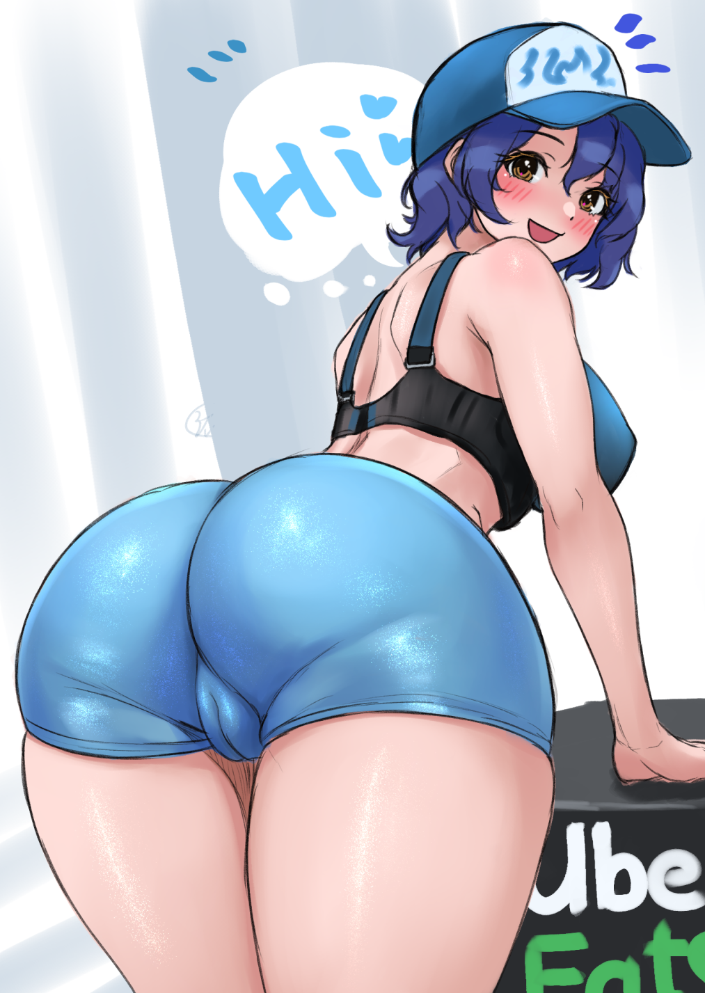 1girl aqua_shorts ass ass_focus baseball_cap blue_hair blush brand_name_imitation breasts c_(theta) cameltoe dark_blue_hair english_text hat heart highres idolmaster idolmaster_million_live! large_breasts leaning_forward looking_at_viewer looking_back notice_lines shorts smile solo spoken_heart thick_thighs thighs toyokawa_fuka uber_eats