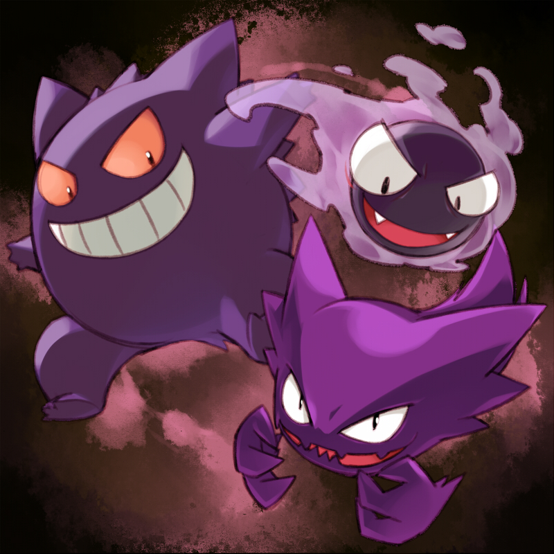 abstract_background ambiguous_gender cotora cute_fangs evolutionary_family featureless_crotch floating_hands front_view full-length_portrait gastly generation_1_pokemon gengar ghost grin group haunter humanoid looking_at_viewer nintendo not_furry open_mouth open_smile orange_sclera plantigrade pokemon pokemon_(species) portrait pupils purple_body simple_background slit_pupils smile sphere_creature spirit