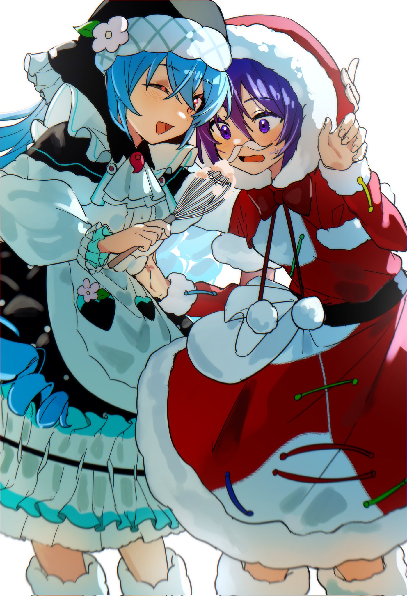 2girls :d belt black_belt blue_hair bow bowtie capelet cream dress fake_facial_hair fake_mustache feet_out_of_frame fur-trimmed_capelet fur-trimmed_dress fur-trimmed_footwear fur-trimmed_headwear fur-trimmed_sleeves fur_trim green_capelet green_dress green_hood hand_on_another's_head haniyasushin_keiki hat highres holding long_hair long_sleeves maisuiren multiple_girls one_eye_closed open_mouth pom_pom_(clothes) pouch purple_eyes purple_hair red_bow red_bowtie red_dress red_eyes santa_dress santa_hat short_hair simple_background smile solo tenkyuu_chimata touhou very_long_hair wavy_mouth whisk white_background