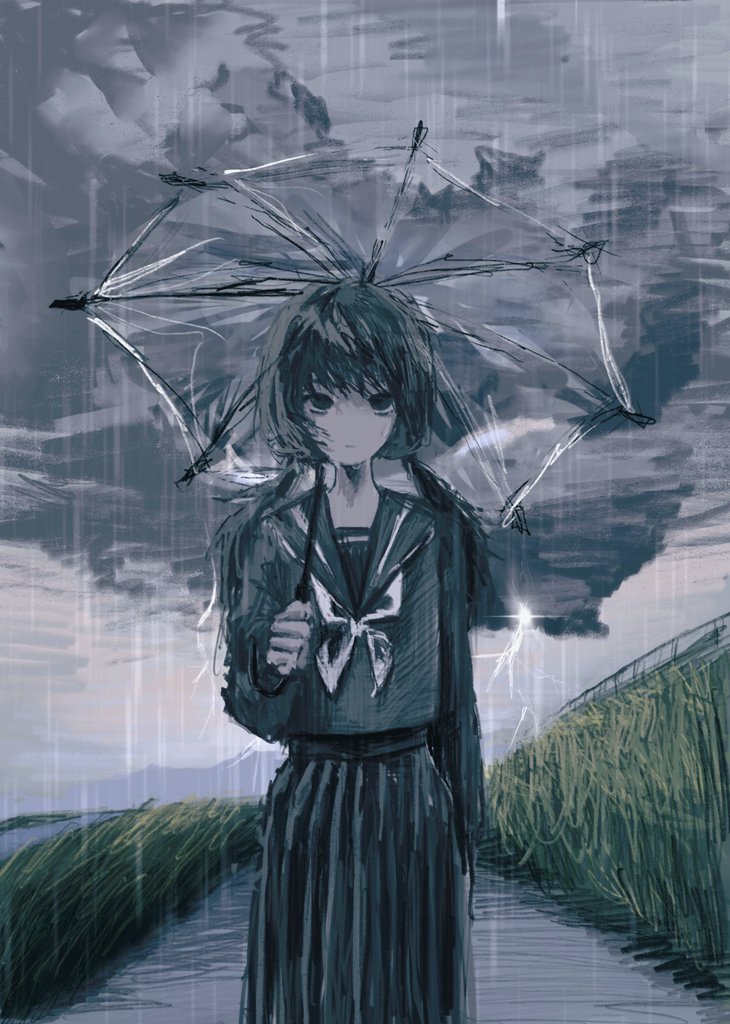 1girl black_eyes black_hair black_serafuku black_skirt closed_mouth commentary_request cowboy_shot expressionless hand_up holding holding_umbrella illl264 lightning long_hair long_sleeves looking_at_viewer low_twintails neckerchief original outdoors over_shoulder overcast pale_skin pleated_skirt rain school_uniform serafuku skirt sky solo standing storm storm_cloud tall_grass transparent transparent_umbrella twintails umbrella white_neckerchief