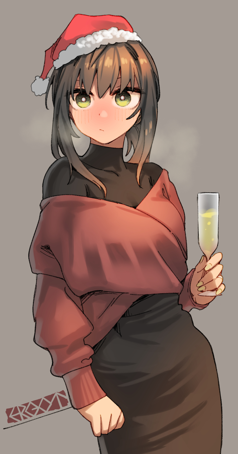 1girl alcohol alternate_costume artist_logo black_dress blush brown_hair champagne_flute christmas closed_mouth cowboy_shot cup dress drinking_glass ergot fubuki_(kancolle) green_eyes grey_background hair_between_eyes hat highres holding holding_cup kantai_collection long_sleeves looking_at_viewer low_ponytail medium_hair red_sweater santa_hat sidelocks simple_background solo sweater turtleneck_dress