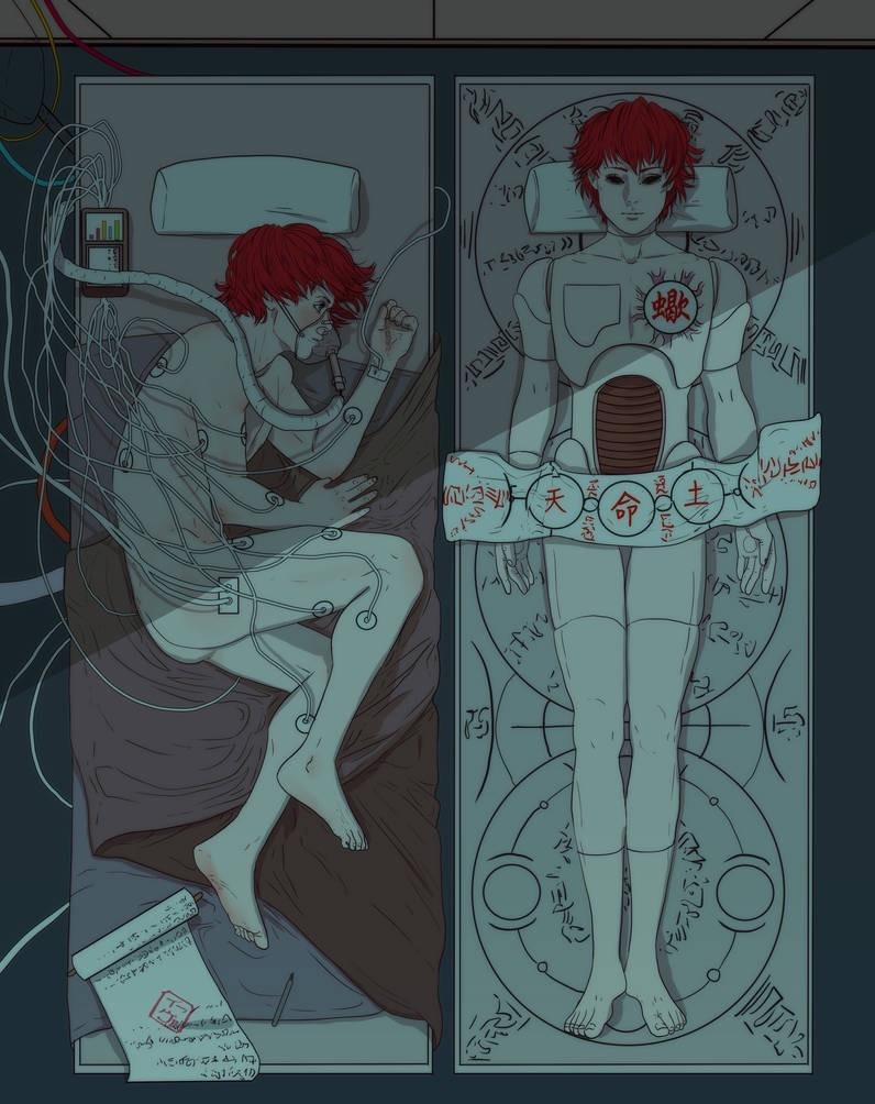 1boy barefoot empty_eyes eva_(invisibleninja12) fetal_position from_above lying male_focus marionette naruto naruto_(series) naruto_shippuuden nude on_back on_side operating_table oxygen_mask pillow puppet red_hair sasori_(naruto) scroll sensor shadow table wire