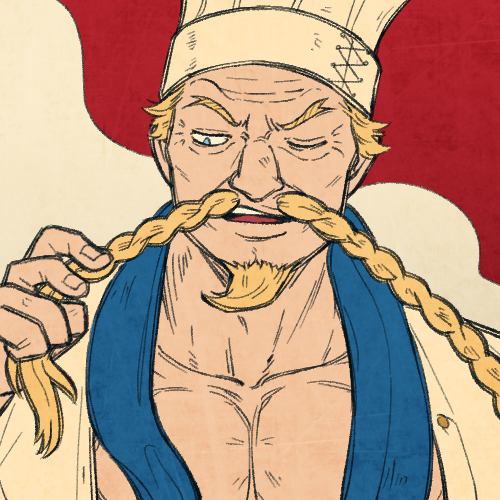 1boy blonde_hair braid braided_beard chef_hat facial_hair forked_eyebrows hat long_mustache lowres male_focus mature_male mustache old old_man one_eye_closed one_piece pectoral_cleavage pectorals portrait promotional_art red_shoes_zeff rosinantes solo wrinkled_skin