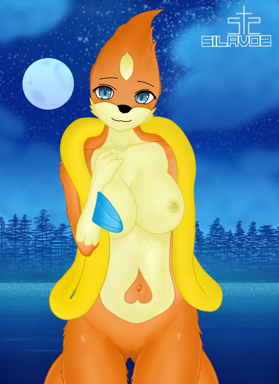 anthro areola big_breasts blue_eyes breasts female floatzel generation_4_pokemon genitals hairy_pussy hi_res looking_at_viewer mammal moon navel nintendo nipples orange_body pokemon pokemon_(species) pussy sea silavos smile solo tail water watermark yellow_areola yellow_nipples