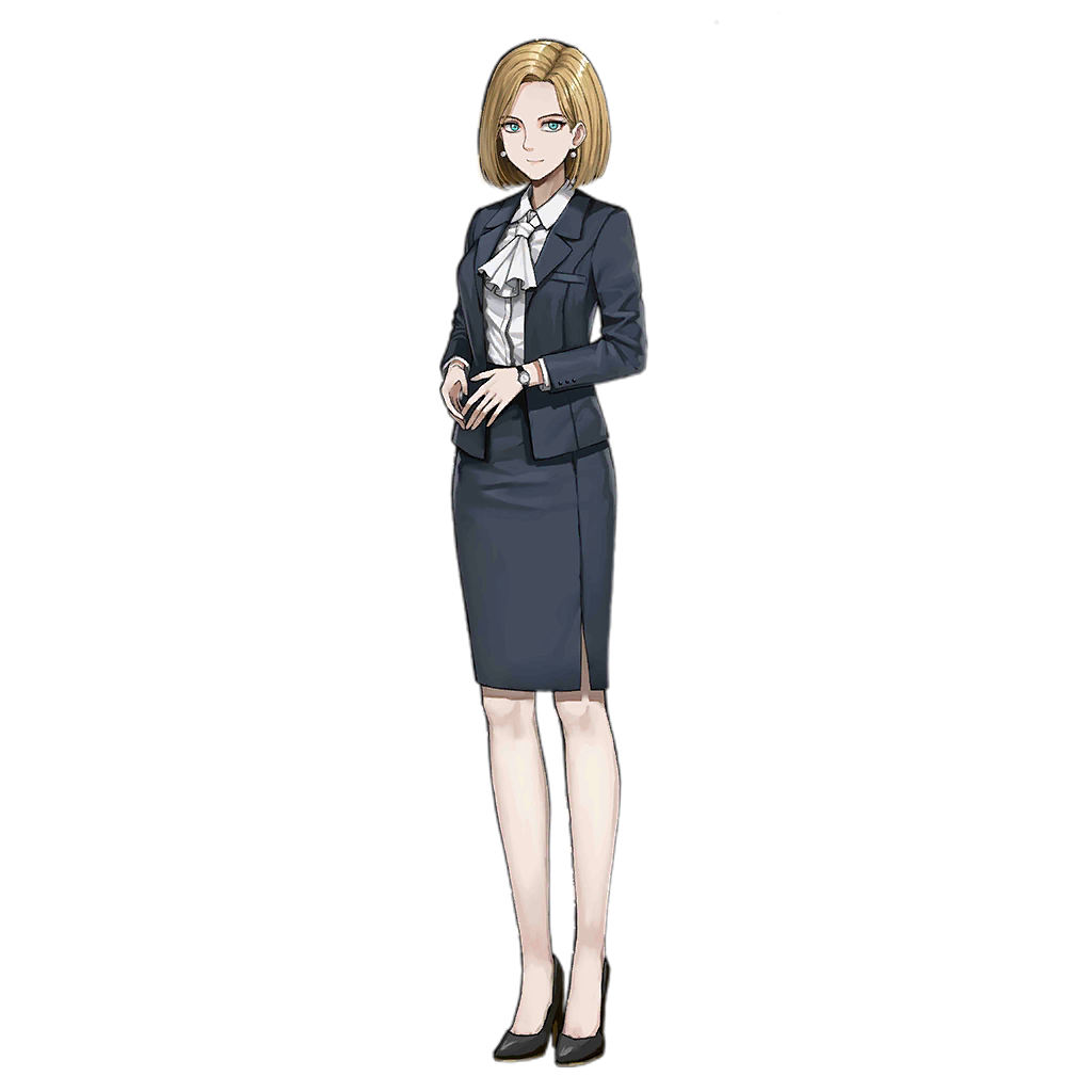 1girl artist_request ascot black_footwear blonde_hair blouse blue_eyes blue_jacket blue_skirt bob_cut breasts closed_mouth earrings full_body gilda_ulrich girls'_frontline high_heels jacket jewelry long_skirt long_sleeves looking_at_viewer no_socks office_lady official_art own_hands_together pearl_earrings shirt short_hair simple_background skirt skirt_suit smile solo standing suit transparent_background watch white_ascot white_shirt wristwatch