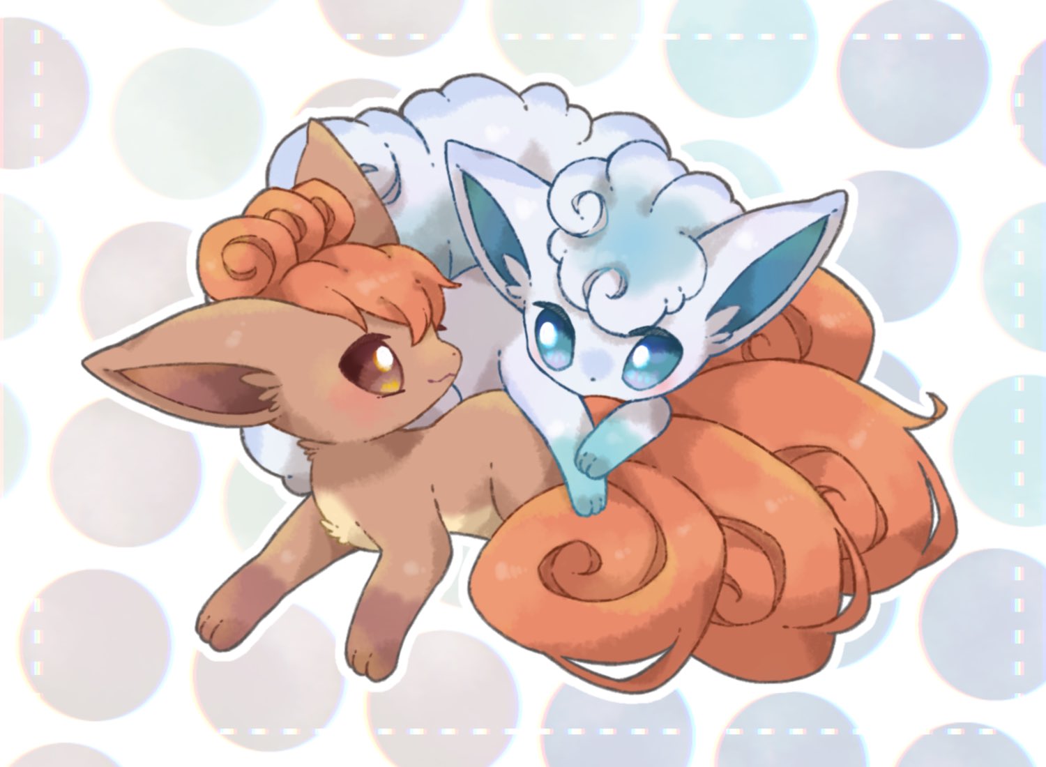 alolan_vulpix animal_focus animal_hands blue_eyes brown_fur commentary_request dot_nose fox no_humans patterned_background pokemon pokemon_(creature) towa_(clonea) vulpix white_background white_fur yellow_eyes