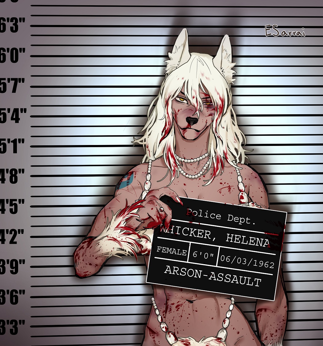 2022 5_fingers anthro arm_tattoo arrested black_eye_(injury) black_nose blood blood_in_hair blood_on_clothing blood_on_face blood_on_hand bodily_fluids bra breasts bruised canid canine canis chinese_crested_dog clothed clothing covered_in_blood digit_ring domestic_dog english_text esarrai female finger_ring fingernails fingers fur_bra fur_clothing fur_thong hair hairless hairless_dog hindpaw humanoid_hands jewelry lingerie mammal mature_anthro mature_female mugshot nails navel nosebleed paws shoulder_tattoo sixty solo tattoo text thong toy_dog underwear white_hair